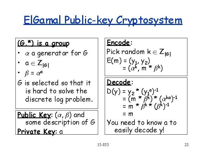 El. Gamal Public-key Cryptosystem (G, *) is a group • a generator for G