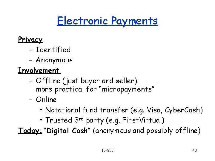 Electronic Payments Privacy – Identified – Anonymous Involvement – Offline (just buyer and seller)