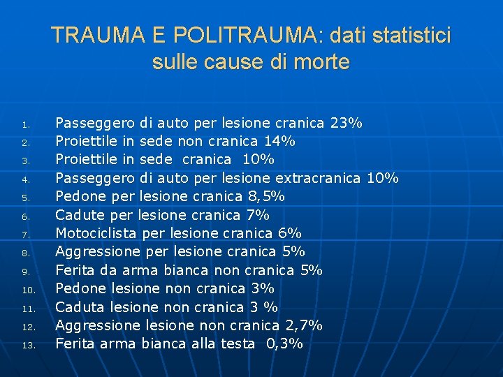 TRAUMA E POLITRAUMA: dati statistici sulle cause di morte 1. 2. 3. 4. 5.