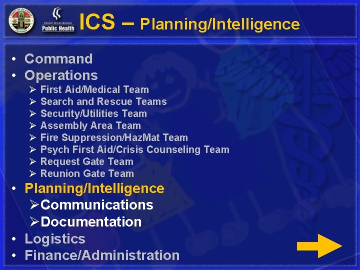 ICS – Planning/Intelligence • Command • Operations Ø Ø Ø Ø First Aid/Medical Team