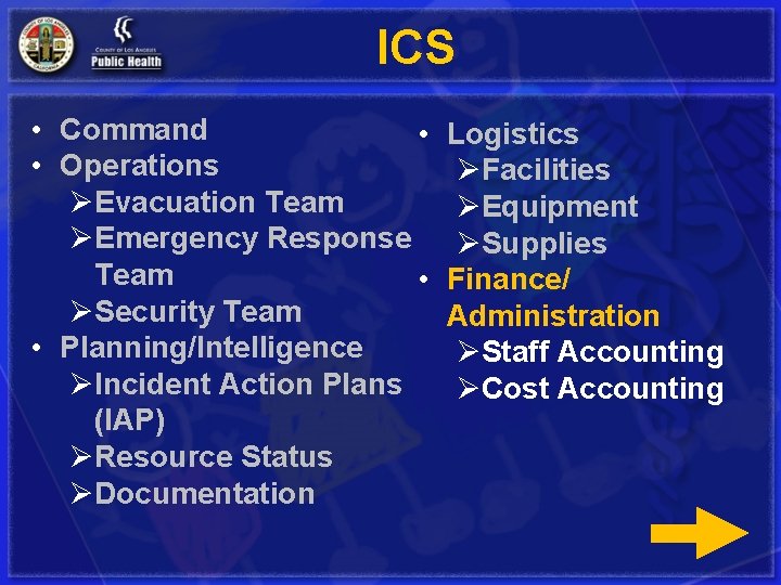 ICS • Command • • Operations ØEvacuation Team ØEmergency Response Team • ØSecurity Team