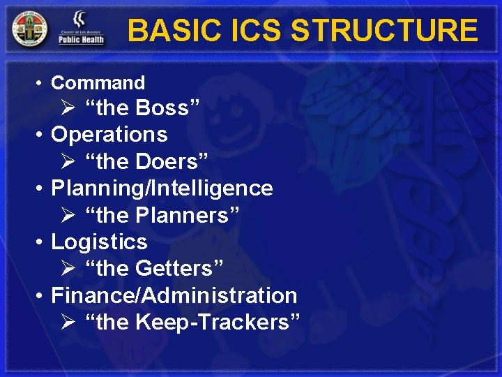 BASIC ICS STRUCTURE • Command • • Ø “the Boss” Operations Ø “the Doers”