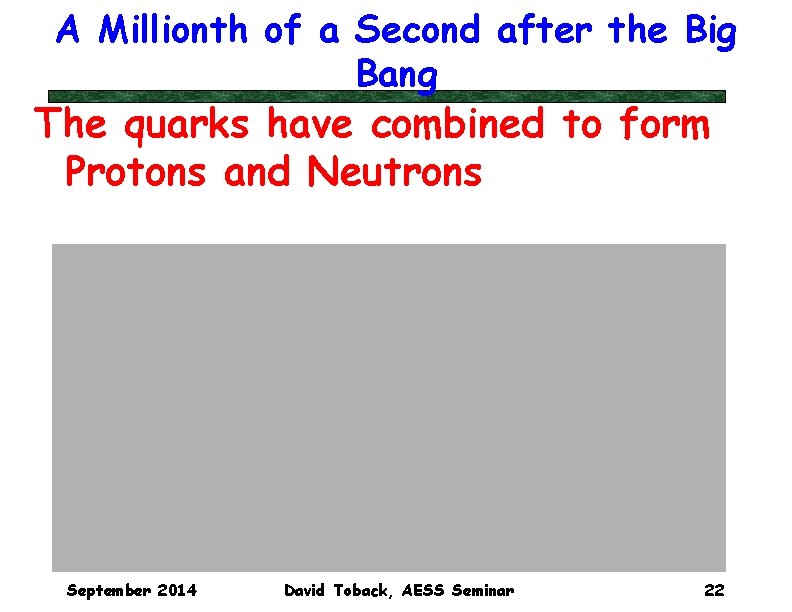 A Millionth of a Second after the Big Bang The quarks have combined to A Millionth of a Second after the Big Bang The quarks have combined to