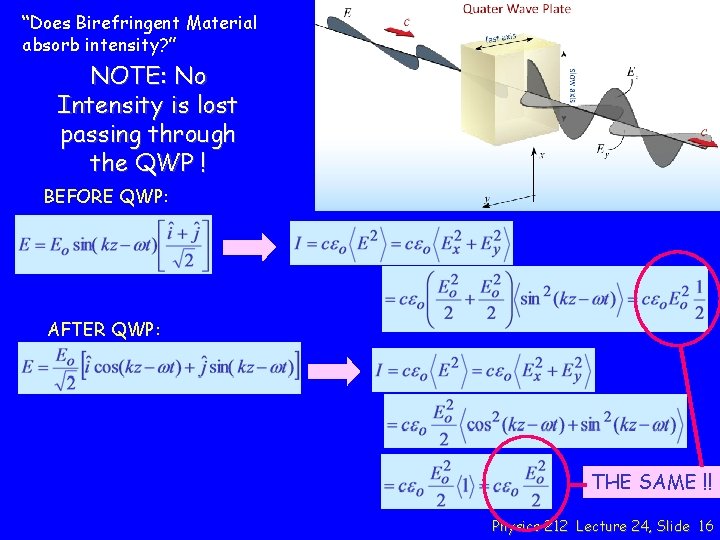 “Does Birefringent Material absorb intensity? ” NOTE: No Intensity is lost passing through the