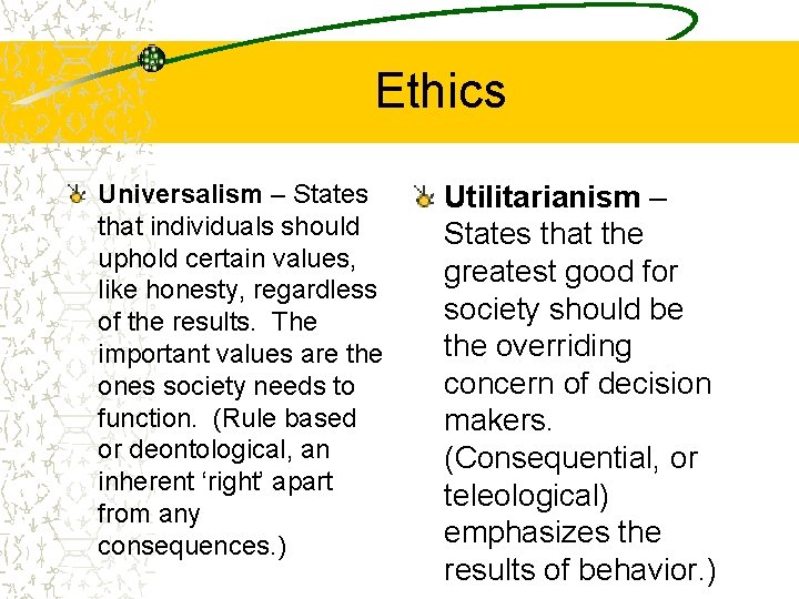 Ethics Universalism – States that individuals should uphold certain values, like honesty, regardless of