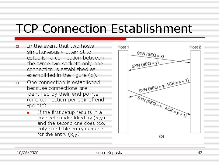 TCP Connection Establishment o o In the event that two hosts simultaneously attempt to