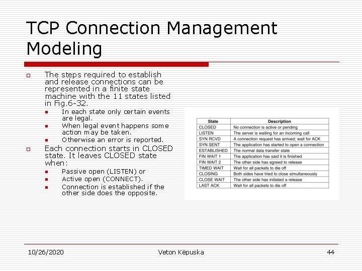 TCP Connection Management Modeling o The steps required to establish and release connections can