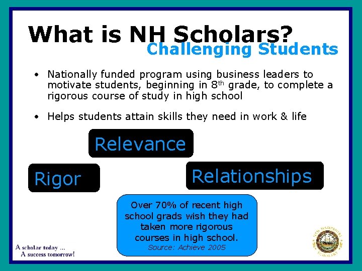 What is NH Scholars? Challenging Students • Nationally funded program using business leaders to