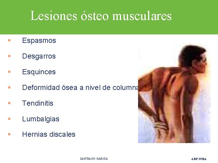 Lesiones ósteo musculares § Espasmos § Desgarros § Esquinces § Deformidad ósea a nivel