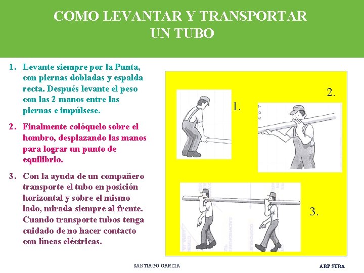 COMO LEVANTAR Y TRANSPORTAR UN TUBO 1. Levante siempre por la Punta, con piernas