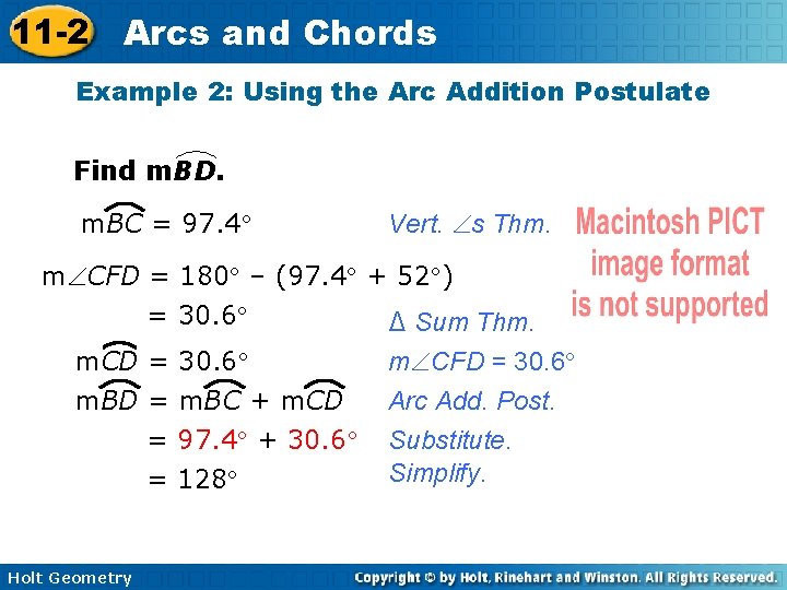 11 -2 Arcs and Chords Example 2: Using the Arc Addition Postulate Find m.