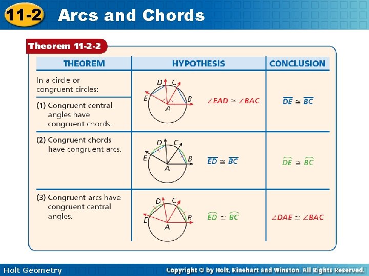 11 -2 Arcs and Chords Holt Geometry 