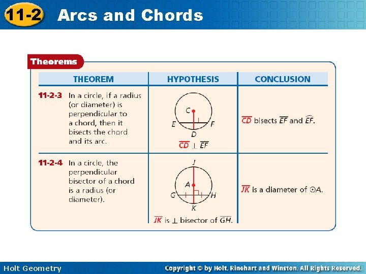 11 -2 Arcs and Chords Holt Geometry 