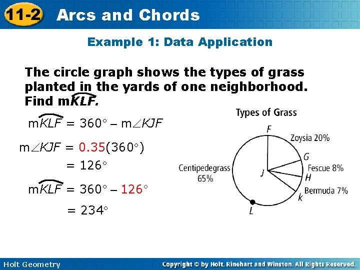 11 -2 Arcs and Chords Example 1: Data Application The circle graph shows the