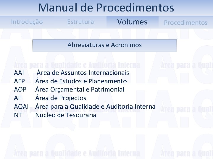 Manual de Procedimentos Introdução Estrutura Volumes Abreviaturas e Acrónimos AAI AEP AOP AP AQAI