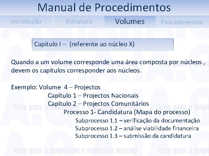 Manual de Procedimentos Introdução Estrutura Volumes Procedimentos Capítulo I – (referente ao núcleo X)