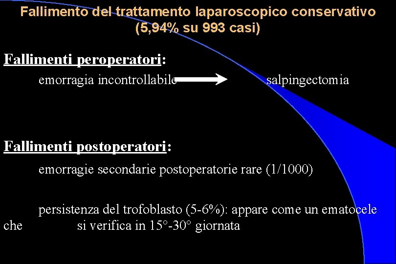 Fallimento del trattamento laparoscopico conservativo (5, 94% su 993 casi) Fallimenti peroperatori: emorragia incontrollabile