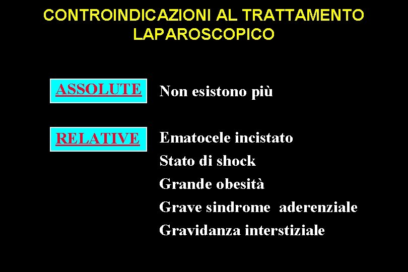 CONTROINDICAZIONI AL TRATTAMENTO LAPAROSCOPICO ASSOLUTE Non esistono più RELATIVE Ematocele incistato Stato di shock