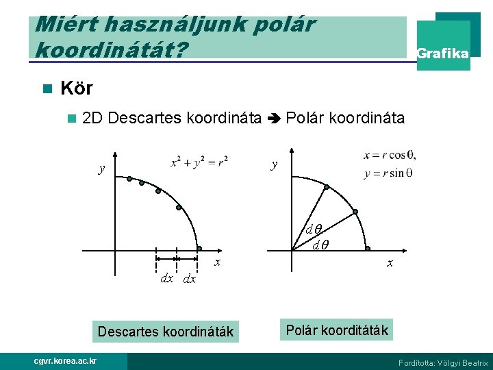 Miért használjunk polár koordinátát? n Grafika Kör n 2 D Descartes koordináta Polár koordináta