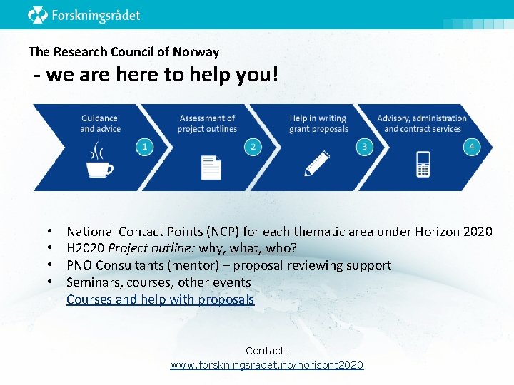 The Research Council of Norway - we are here to help you! • •