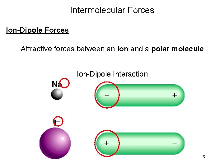 Intermolecular Forces Ion-Dipole Forces Attractive forces between an ion and a polar molecule Ion-Dipole