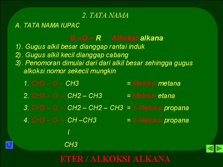 2. TATA NAMA A. TATA NAMA IUPAC R –O – R Alkoksi alkana 1).