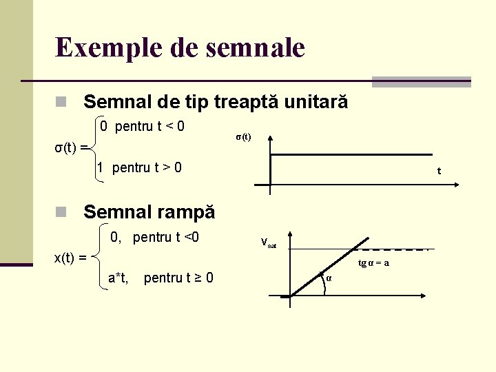 Exemple de semnale n Semnal de tip treaptă unitară 0 pentru t < 0