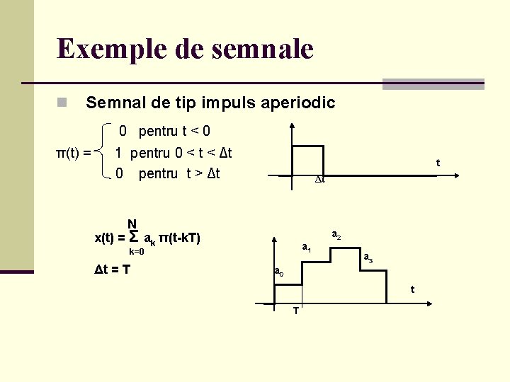 Exemple de semnale n Semnal de tip impuls aperiodic 0 pentru t < 0