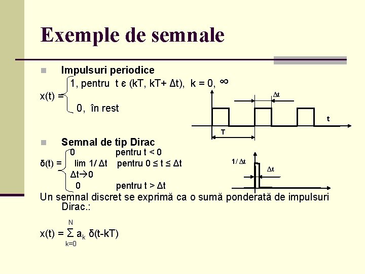 Exemple de semnale Impulsuri periodice 1, pentru t є (k. T, k. T+ Δt),