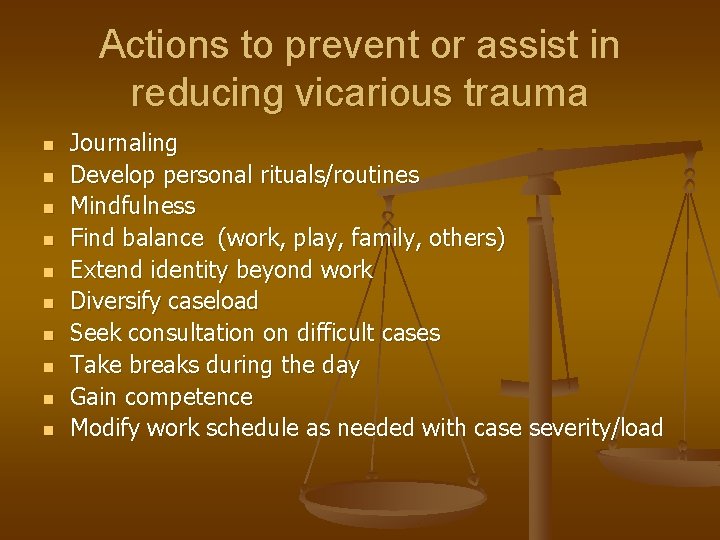 Actions to prevent or assist in reducing vicarious trauma n n n n n