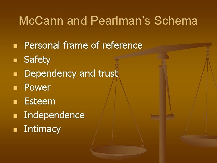 Mc. Cann and Pearlman’s Schema n n n n Personal frame of reference Safety