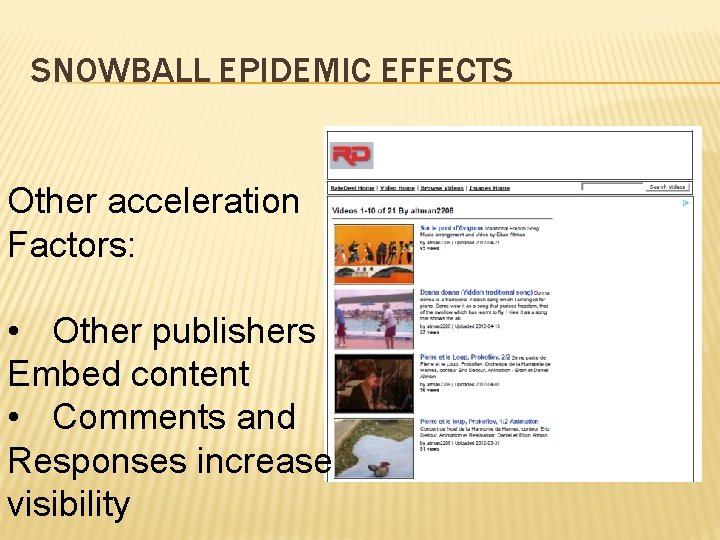 SNOWBALL EPIDEMIC EFFECTS Other acceleration Factors: • Other publishers Embed content • Comments and