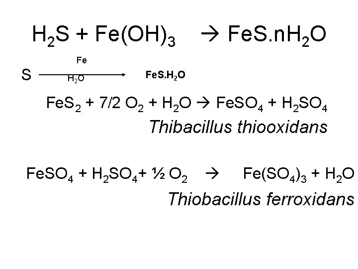 H 2 S + Fe(OH)3 Fe. S. n. H 2 O Fe S H