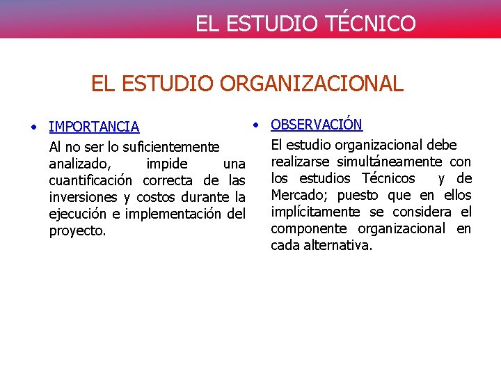 EL ESTUDIO TÉCNICO EL ESTUDIO ORGANIZACIONAL • OBSERVACIÓN • IMPORTANCIA El estudio organizacional debe