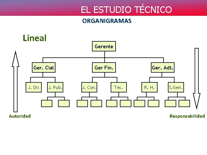 EL ESTUDIO TÉCNICO ORGANIGRAMAS Lineal Gerente Ger. Cial J. Dis Autoridad J. Pub. Ger