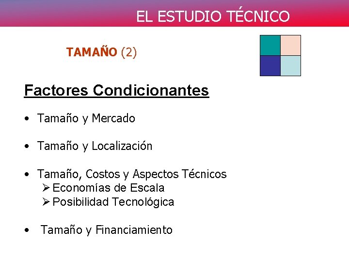 EL ESTUDIO TÉCNICO TAMAÑO (2) Factores Condicionantes • Tamaño y Mercado • Tamaño y