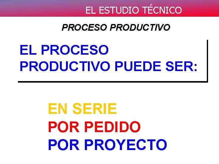 EL ESTUDIO TÉCNICO PROCESO PRODUCTIVO EL PROCESO PRODUCTIVO PUEDE SER: EN SERIE POR PEDIDO