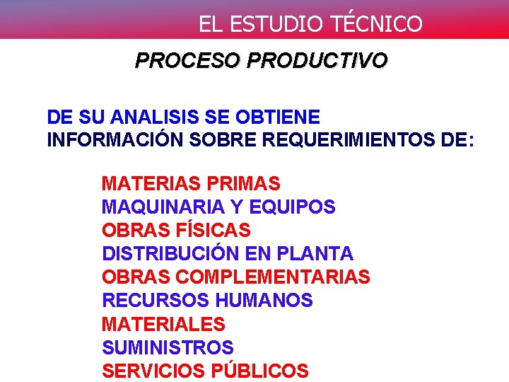 EL ESTUDIO TÉCNICO PROCESO PRODUCTIVO DE SU ANALISIS SE OBTIENE INFORMACIÓN SOBRE REQUERIMIENTOS DE: