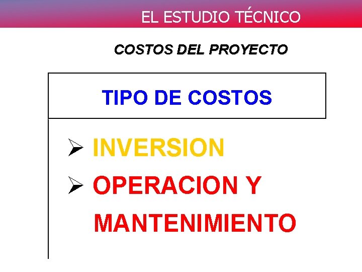 EL ESTUDIO TÉCNICO COSTOS DEL PROYECTO TIPO DE COSTOS Ø INVERSION Ø OPERACION Y