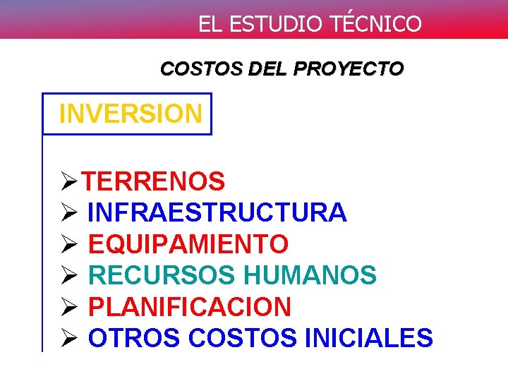 EL ESTUDIO TÉCNICO COSTOS DEL PROYECTO INVERSION ØTERRENOS Ø INFRAESTRUCTURA Ø EQUIPAMIENTO Ø RECURSOS