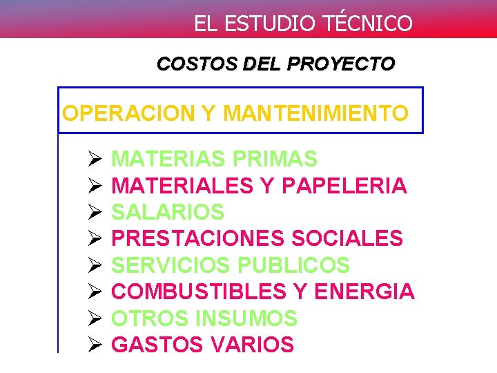 EL ESTUDIO TÉCNICO COSTOS DEL PROYECTO OPERACION Y MANTENIMIENTO Ø MATERIAS PRIMAS Ø MATERIALES