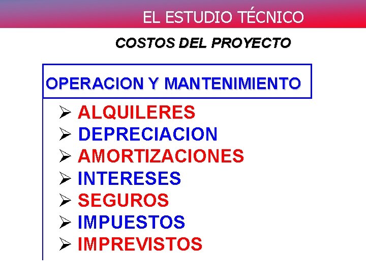 EL ESTUDIO TÉCNICO COSTOS DEL PROYECTO OPERACION Y MANTENIMIENTO Ø ALQUILERES Ø DEPRECIACION Ø