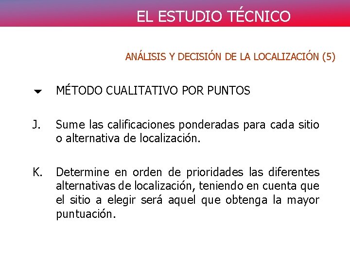 EL ESTUDIO TÉCNICO ANÁLISIS Y DECISIÓN DE LA LOCALIZACIÓN (5) 6 MÉTODO CUALITATIVO POR