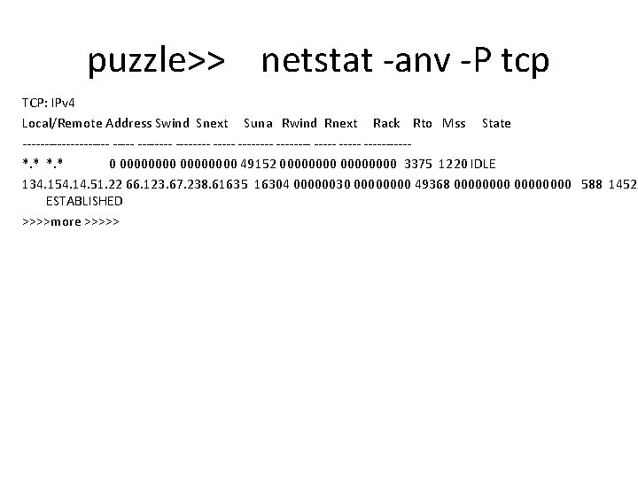 puzzle>> netstat -anv -P tcp TCP: IPv 4 Local/Remote Address Swind Snext Suna Rwind