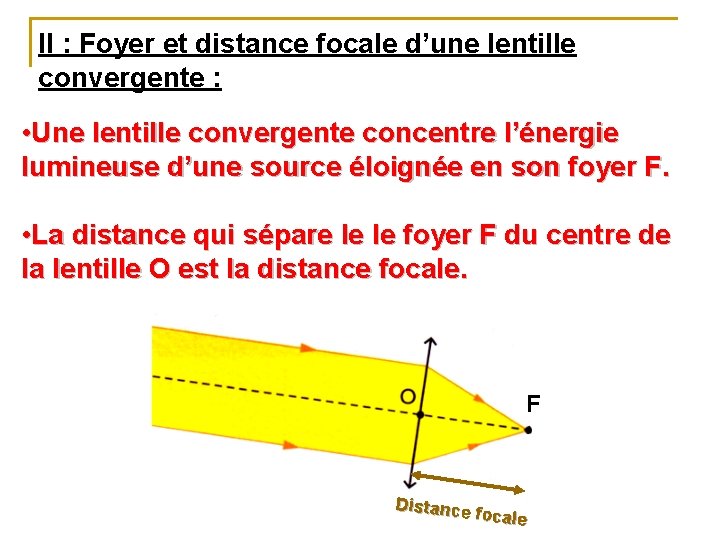 II : Foyer et distance focale d’une lentille convergente : • Une lentille convergente
