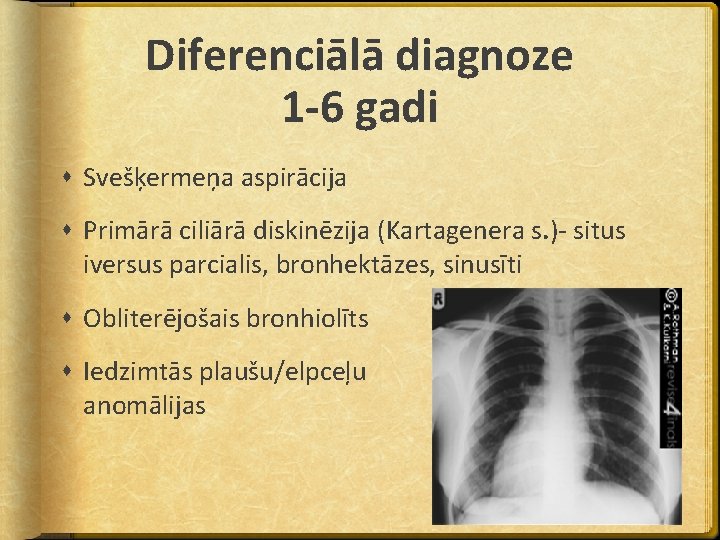 Diferenciālā diagnoze 1 -6 gadi Svešķermeņa aspirācija Primārā ciliārā diskinēzija (Kartagenera s. )- situs