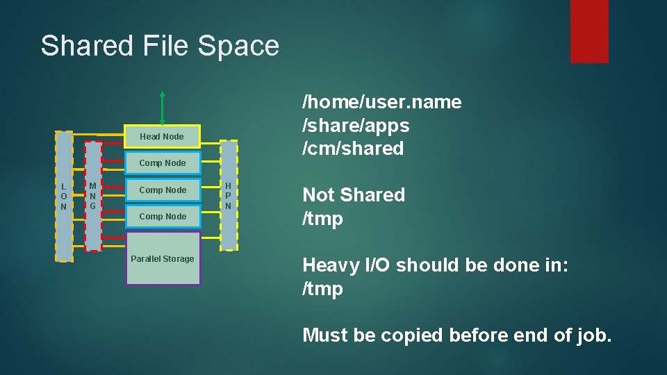 Shared File Space /home/user. name /share/apps /cm/shared Head Node Comp Node L O N