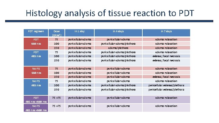 Histology analysis of tissue reaction to PDT regimen PDT 660 nm PDT 405 nm