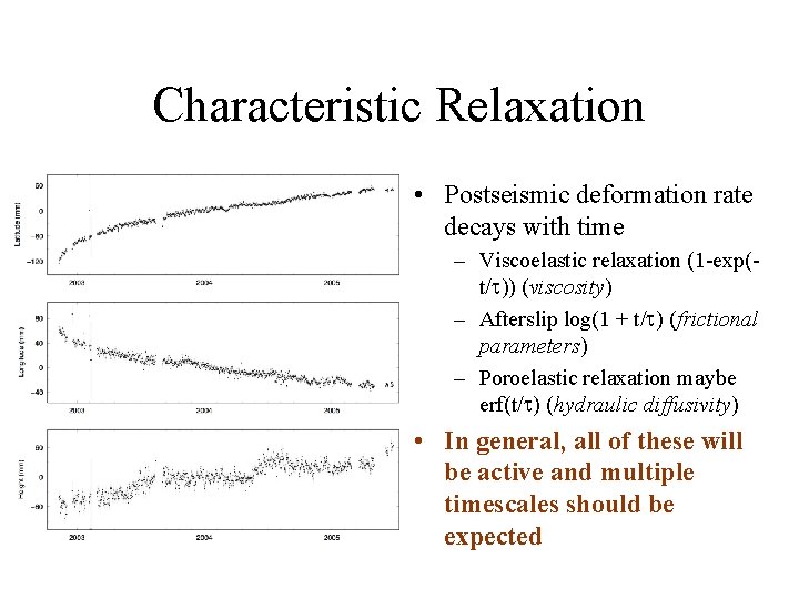 Characteristic Relaxation • Postseismic deformation rate decays with time – Viscoelastic relaxation (1 -exp(t/t))