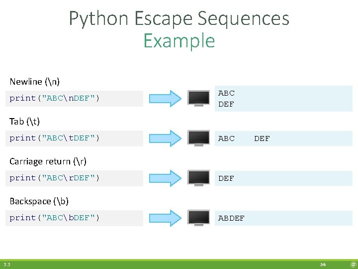 Python Escape Sequences Example Newline (n) print("ABCn. DEF") ABC DEF Tab (t) print("ABCt. DEF")